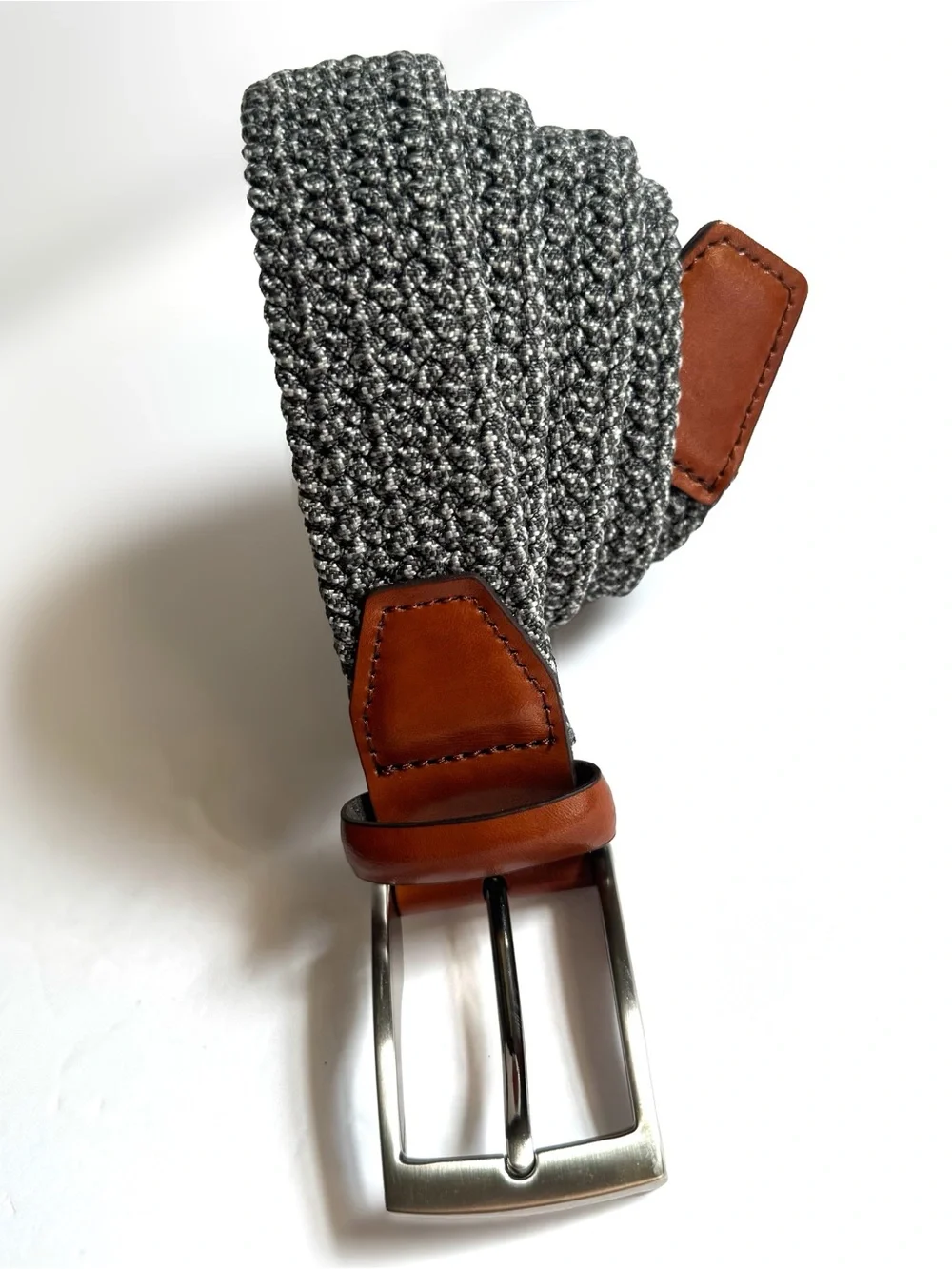 Italian Leather Woven Braided Stretch Belt Gray Brown 38 Casual Golf